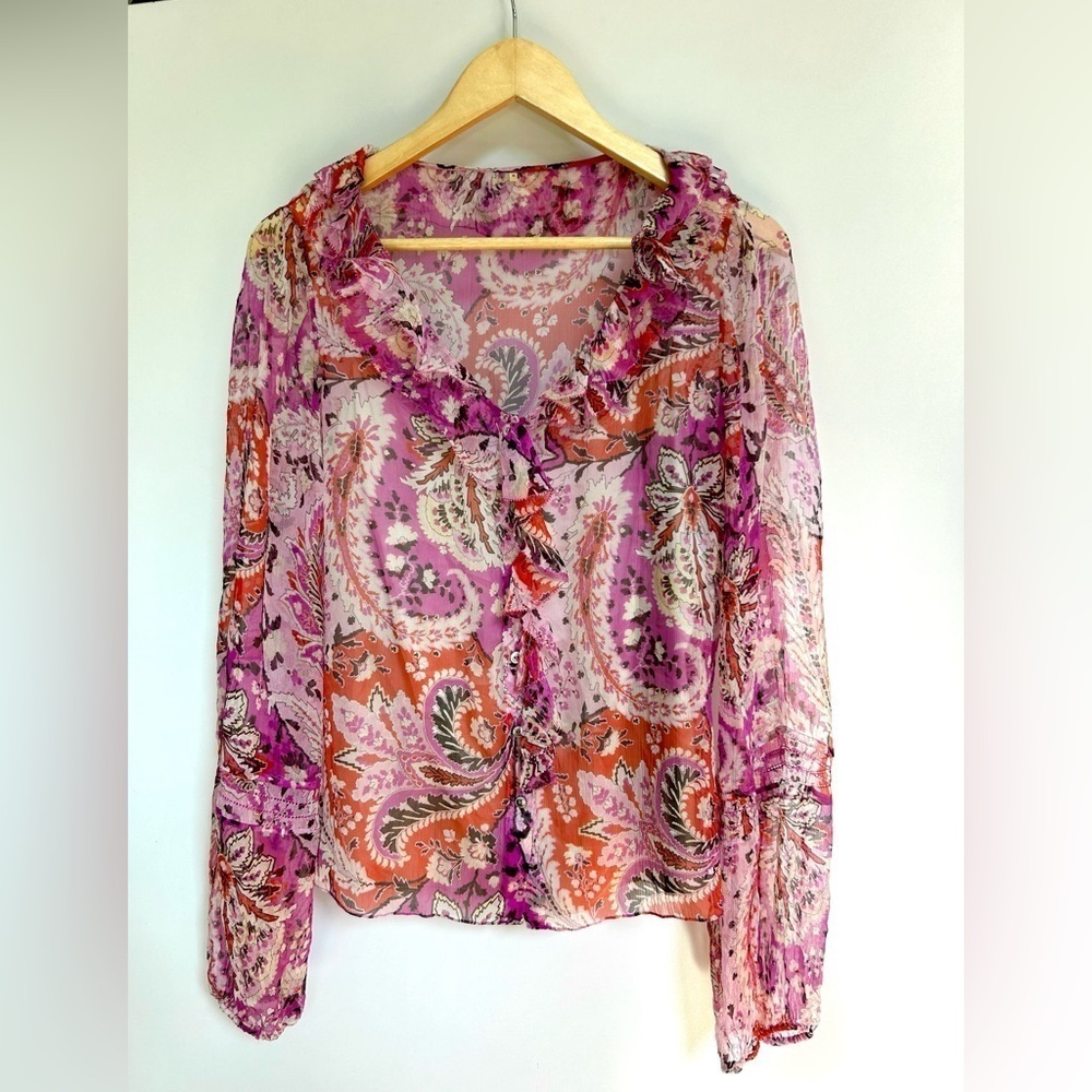 Elie tahari Pink  paisley print blouse Floral Ruffle Tie Front Long Sleeve Top - Picture 2 of 7